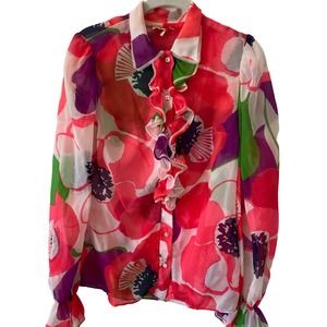 Kamehameha Women's Blouse Vintage 1960's Beautiful Button Long Sleeve Size Small